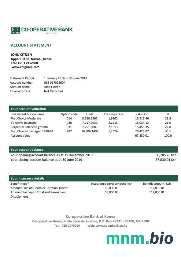 Szablon wyciągu bankowego Kenii Citibank w programie Word i PDF